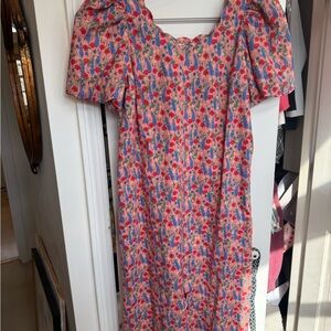 Pink Floral Puff-Sleeve Midi Dress